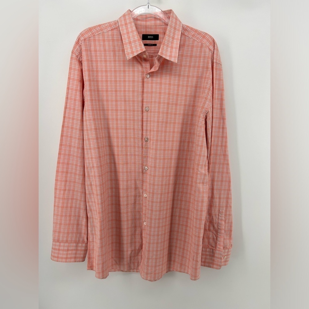 Hugo Boss Mens Paeton Long Sleeve Dress Shirt Orange Check Sharp Fit 17L 34/35